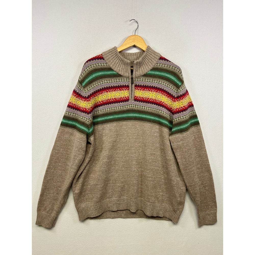 Gorpcore Cabin Lands End Men XL Oatmeal Fair Isle Wool Blend Quarter Zip Sweater